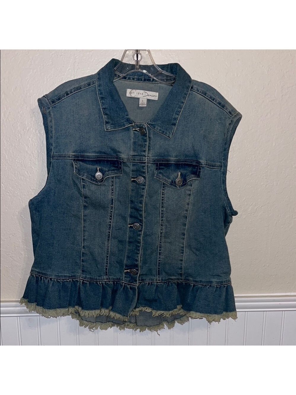 Vintage Denim Jean Jacket Sleeveless Vest Ruffle Hem Cottagecore Teacher Granny